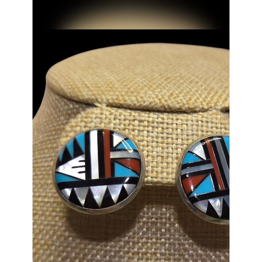 Signed JH Navajo Sterling Silver Turquoise & Coral Geometric Round Inlay Earring